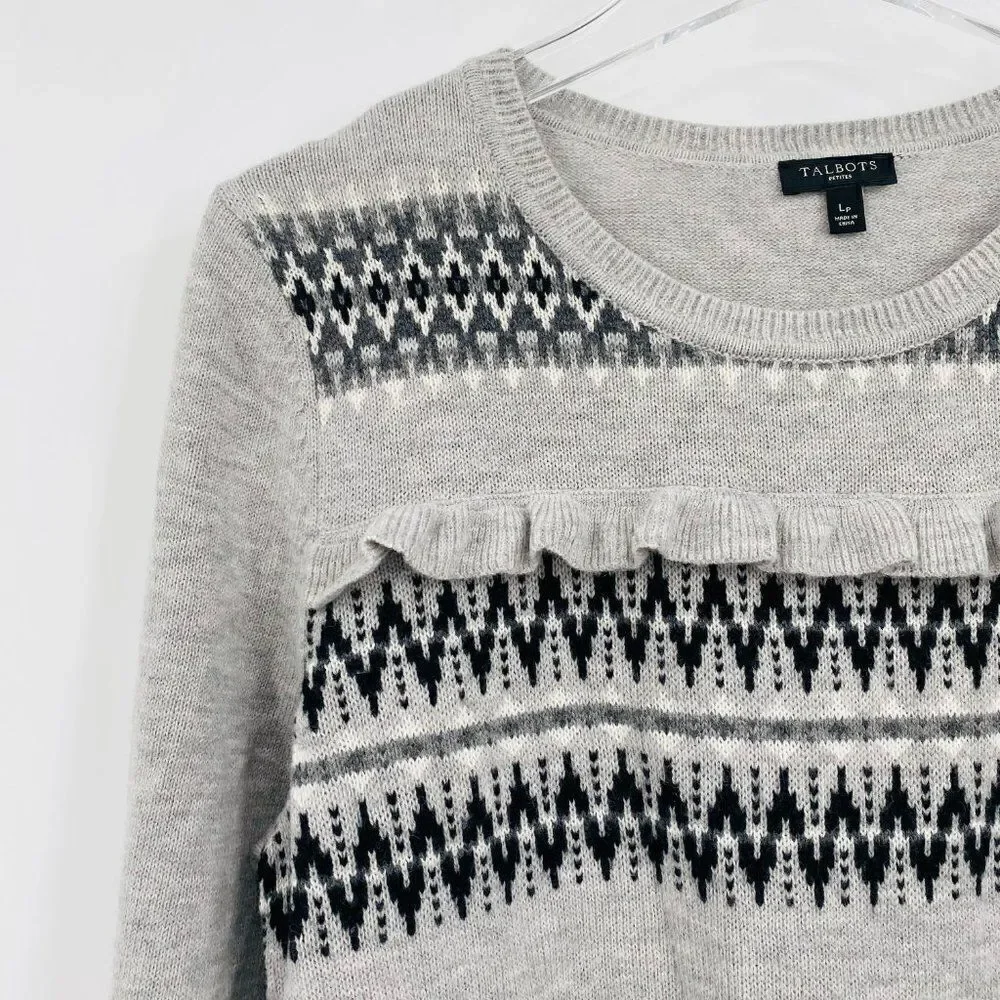 Talbots Petites Size Large Gray Fair Aisle Ruffled Lambswool Crewneck Sweater